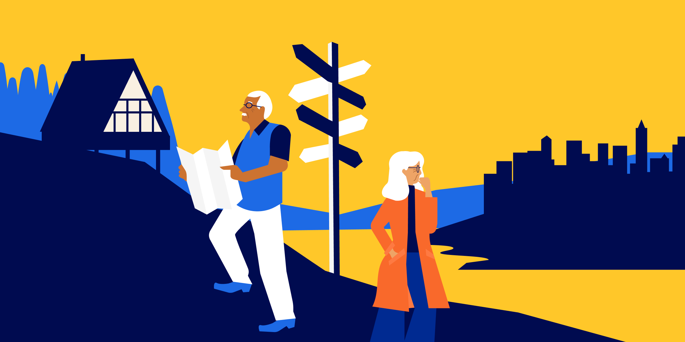 A man and woman at a road sign, looking both ways.
